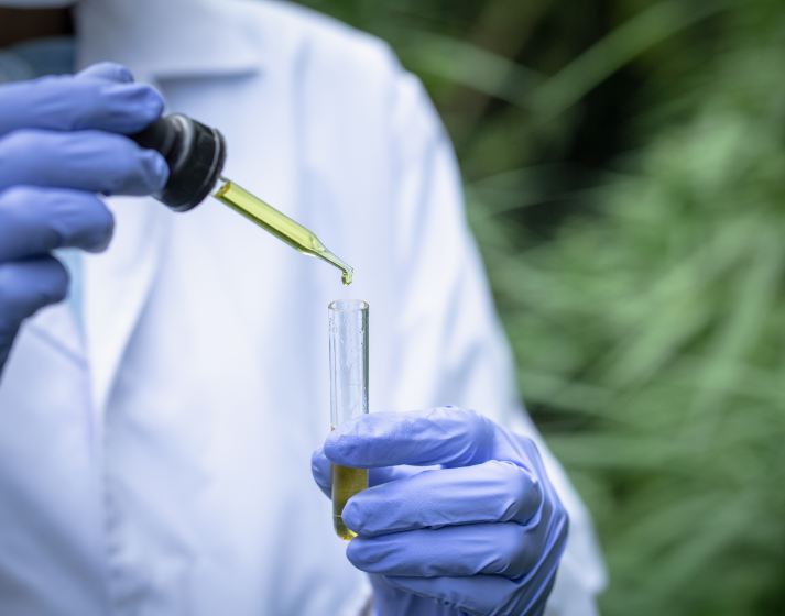 scientist holding test tube to test cbd