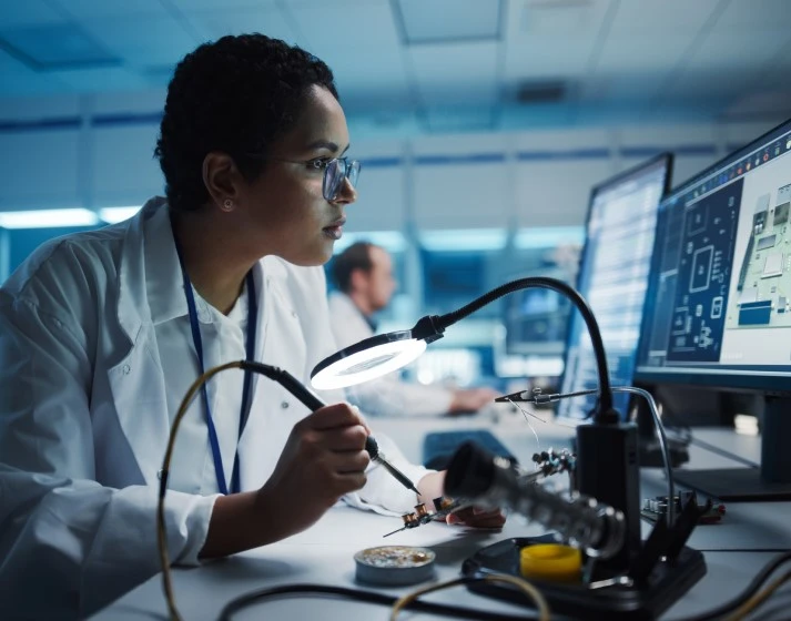 product development scientist working with tools at a computer desk