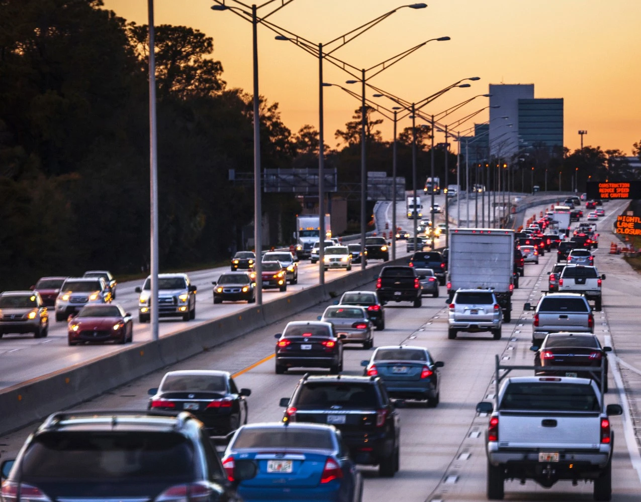 Busy highway in the U.S.A at sunset