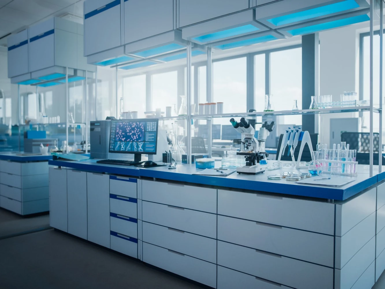 Modern analytical testing laboratory with lab equipment